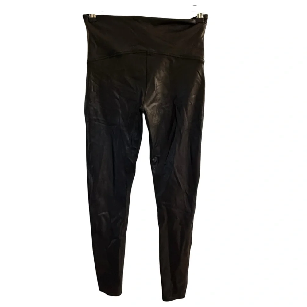 Black Spanx Leggings Stretchy Control Top faux Leather Size X-Large